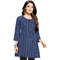 Shiv Textiles Rayon Fabric Printed Round Neck Short Kurtis For Women Top Dresses Kurti For Ladies & Girls Kurtis (Navy Blue_M)
