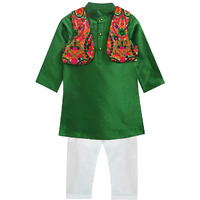 A.T.U.N. All Things Uber Nice Baby-Boy's Regular Kurta Pyjama Jacket Set (Bkls Krp_Green-White 3-6 Months)