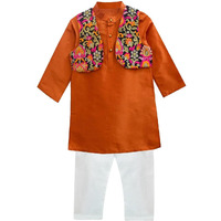 A.T.U.N. All Things Uber Nice Boy's Regular Kurta Pyjama Jacket Set (Bkls Krp_Orange-White 9-10 Years)