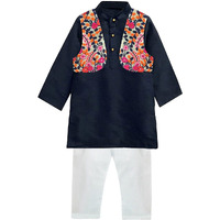 A.T.U.N. All Things Uber Nice Boy's Regular Kurta Pyjama Jacket Set (Bkls Krp_Navy-White 7-8 Years)
