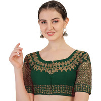 Pujia Mills Women's Silk Embroidery Half Sleeve Blouse (Jali Blouse_Dark Green_Free Size)