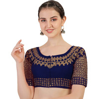 Pujia Mills Women's Silk Embroidery Half Sleeve Blouse (Jali New Variation Blouse_Navy Blue_Free Size)
