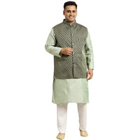 Sojanya (Since 1958 Men's Silk Blend Green Self Design Kurta & Green Nehrujacket With Off-White Churidar Pyjama Set Size-4Xl