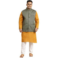 Sojanya (Since 1958 Men's Pure Cotton Mustard Chikankari Kurta & Dark Green Nehrujacket With White Churidar Pyjama Set Size-5Xl