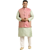 Sojanya (Since 1958 Men's Silk Blend Green Self Design Kurta & Pink Nehrujacket With Off-White Churidar Pyjama Set Size-4Xl