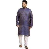 Sojanya (Since 1958 Men's Jacquard Silk Blue & Gold Kurta & Off-White Churidar Pyjama Set Size-5Xl