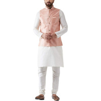 Sojanya (Since 1958 Men's Silk Blend Offwhite Kurta Pyjama & Peach Nehrujacket Combo Size 44