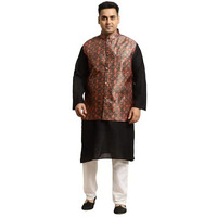 Sojanya (Since 1958 Men's Cotton Black Kurta & Dark Green Nehrujacket With White Churidar Pyjama Set Size-7Xl