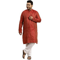 Sojanya (Since 1958 Men's Jacquard Silk Red & Gold Kurta & Off-White Churidar Pyjama Set Size-4Xl