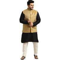 Sojanya (Since 1958 Men's Silk Blend Black Kurta & Mustard Nehrujacket Off White Churidar Set Size-5Xl