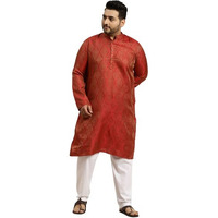 Sojanya Plus (Since 1958) Men's Jacquard Silk Red & Gold Only Long Kurta-Size: 50