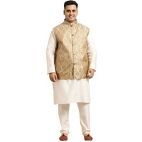 Sojanya (Since 1958 Men's Silk Blend Off White Kurta & Churidaar Pyjama Set Beige Nehrujacket Set Size-4Xl