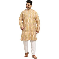 Sojanya Plus (Since 1958) Men's Silk Blend Dark Gold Embroidered Kurta & White Churidar Pyjama Set Size-4Xl