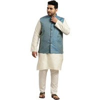 Sojanya (Since 1958 Men's Silk Blend Cream Kurta & Peacock Blue Nehrujacket With Off White Churidar Pyjama Set Size-7Xl