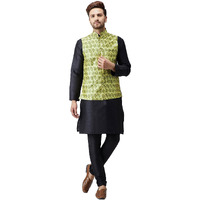 Sojanya (Since 1958, Men's Silk Black Kurta Pyjama & Lime Green Printed Nehru Jacket Set, Size: Xxl