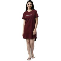 Enamor Essentials Short Sleeve Round Neck Relaxed Fit Cotton Mini Lounge Dress For Womens-E802 (E802_Dry Blood/Grateful Graphic_S)