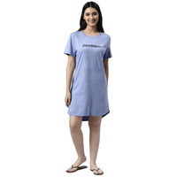 Enamor Essentials Short Sleeve Round Neck Relaxed Fit Cotton Mini Lounge Dress For Womens-E802 (E802_Purple Slate/Gratful Graphic_M)