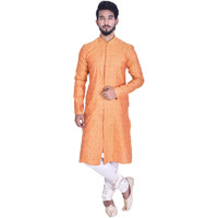 Manyavar Men's Blended Kurta & Churidar Set, Orange - Small (M511175-318)