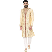 Manyavar Men's Blended Kurta & Churidar Set, Beige - Small (S952240-303), 36
