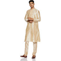 Manyavar Men's Full Sleeve Blended Solid Kurta & Churidar Set, Cream - Small (S952156-311)