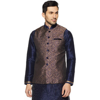 Manyavar Men's Blue-Beige Regular Fit Banded Collar Embroidered Nehru Jacket/Modi Jacket/Waistcoat, X-Large (J952358-306-Xl)