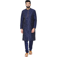 Manyavar Men's Regular Fit Blended Kurta & Churidar Set, Dark Blue - Large/40 (S952358-306)