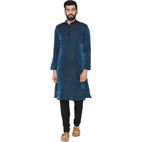 Manyavar Synthetic Men's Blended Full Sleeve Regular Fit Kurta With Churidar (Blue, X- Large)