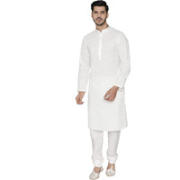 Manyavar Embroidered Knee Long Full Sleeves Kurta And Churidar Set For Men - (Cream, Large)