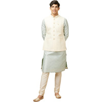 Manyavar Men's Art Silk Self Design Casual, Traditional Sleeveless Jacket (Cream, L)