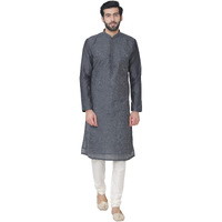Manyavar Elegant Knee Long Kurta And Churidar Set For Men - Small, Grey, (Sosk418-314)