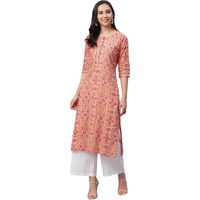 Libas Women's Cotton Printed Straight Kurta (9107F_Peach