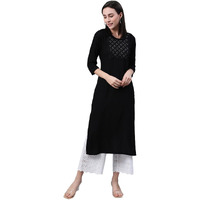 Libas Women's Rayon Blend Solid Straight Kurta (12079_Black