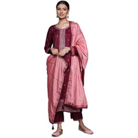 Libas Womens Embroidered Silk Blend Straight Kurta With Trousers And Dupatta