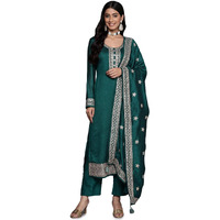 Libas Womens Embroidered Silk Blend Straight Kurta With Trousers And Dupatta
