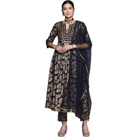 Libas Women Blue Printed Rayon Anarkali Kurta With Trousers & Dupatta Set