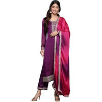 Libas Womens Printed Chiffon Straight Kurta With Trousers And Dupatta