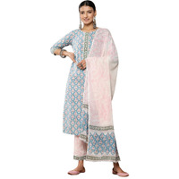 Libas Womens Printed Cotton Straight Kurta With Trousers And Dupatta