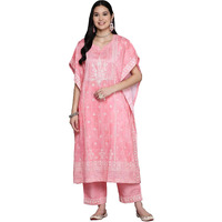 Libas Women Silk Blend Pink Printed Kaftan Kurta Set With Trousers, Small