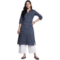 Libas Women's Cotton Printed Straight Kurta (26458_Blue