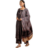 Libas Black Printed Cotton Anarkali Kurta With Palazzos & Dupatta