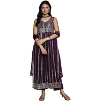 Libas Womens Embroidered Georgette A-Line Kurta With Trousers And Dupatta