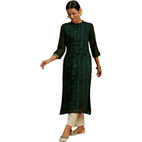 Libas Women's Chanderi Silk Embroidered Straight Kurta (58008_Green