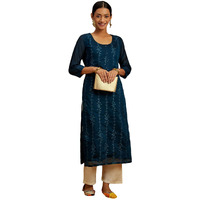 Libas Women's Chanderi Silk Embroidered Straight Kurta (58007_Teal