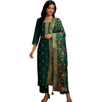 Libas Womens Embroidered Silk Blend Straight Kurta With Trousers And Dupatta