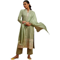 Libas Womens Embroidered Silk Straight Kurta With Trousers And Dupatta