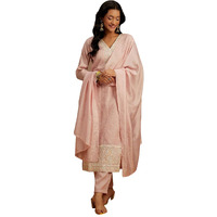Libas Womens Embroidered Silk Straight Kurta With Trousers And Dupatta