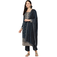 Libas Womens Printed Silk Straight Kurta With Trousers And Dupatta