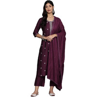Libas Gerua Womens Embroidered Silk Blend Straight Kurta With Trousers And Dupatta