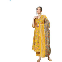 Libas Women's Silk Blend Floral Kurta Sets (34662_Yellow, Xl