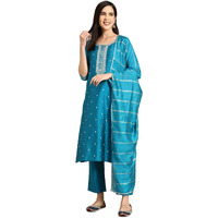 Libas Gerua Womens Yoke Design Silk Blend Straight Kurta With Trousers And Dupatta
